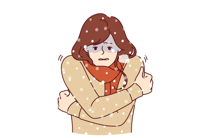 Woman freezes under snow in cold winter weather is dressed in sweater and needs warm jacket  Illustration