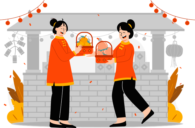 Woman friends exchange gifts  Illustration