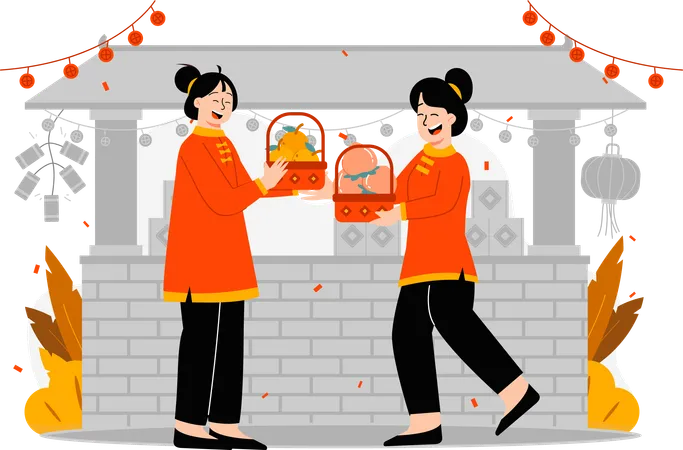 Woman friends exchange gifts  Illustration