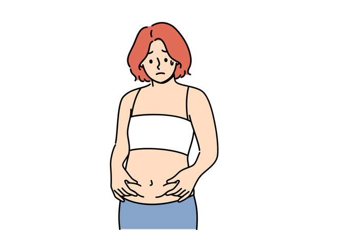 Woman frightened by appearance of belly fat and afraid of gaining excess weight  Illustration