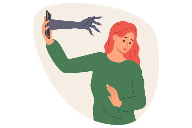 Woman frightened by horrors spreading through phone turning away from hand crawling out device  Illustration