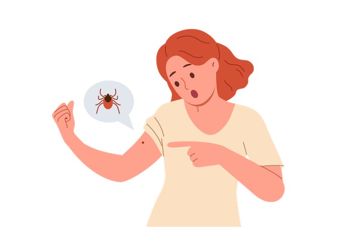 Woman frightened from insect crawling on hand  Illustration