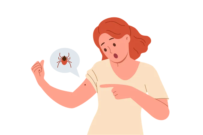 Woman frightened from insect crawling on hand  イラスト