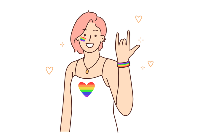 Woman from lgbt community with rainbow flag on t-shirt calls for participation in pride event  イラスト