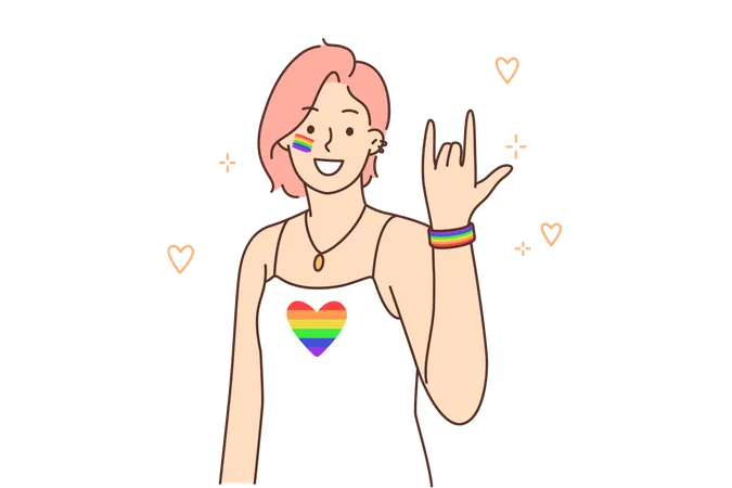 Woman From Lgbt Community With Rainbow Flag On T Shirt Calls For Participation In Pride Event For Lesbians And Transgender People Girl With Lgbt And Lgbtq Symbols Smiles And Looks At Screen イラスト