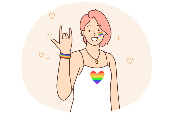 Woman from lgbt community with rainbow flag on t-shirt calls for participation in pride event  Illustration