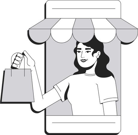 Woman from smartphone screen holding shopping bag  Illustration