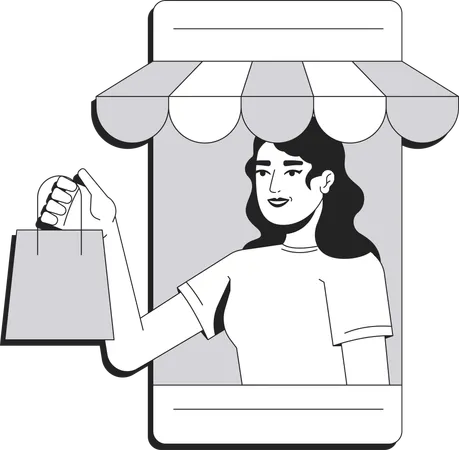 Woman from smartphone screen holding shopping bag  Illustration
