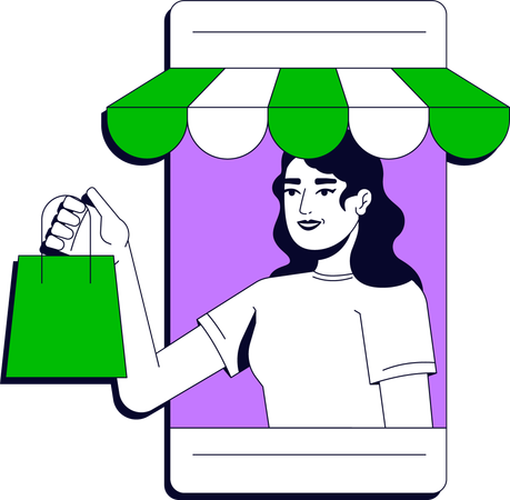 Woman from smartphone screen holding shopping bag  Illustration