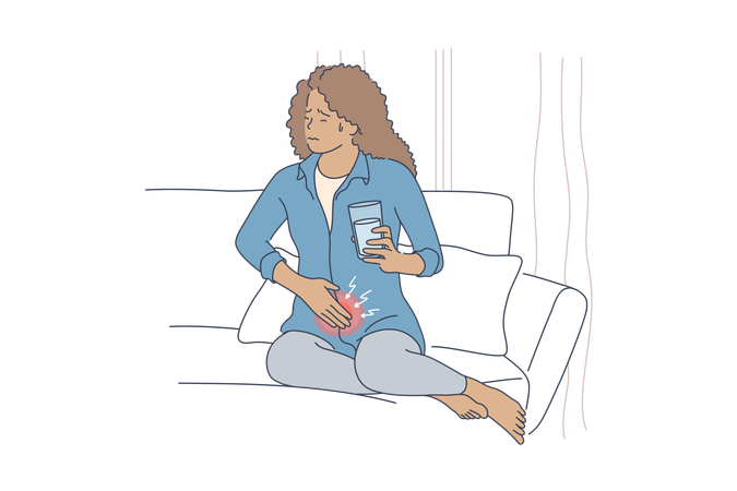 Woman frowning in ibd pain sitting on couch covering stomach holding glass of water  Illustration