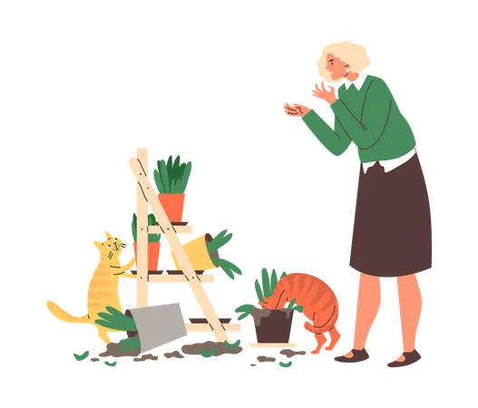 Woman frustrated from pet mess and knocked over Christmas tree  Illustration