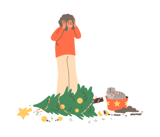 Woman frustrated from pet mess and knocked over Christmas tree  Illustration