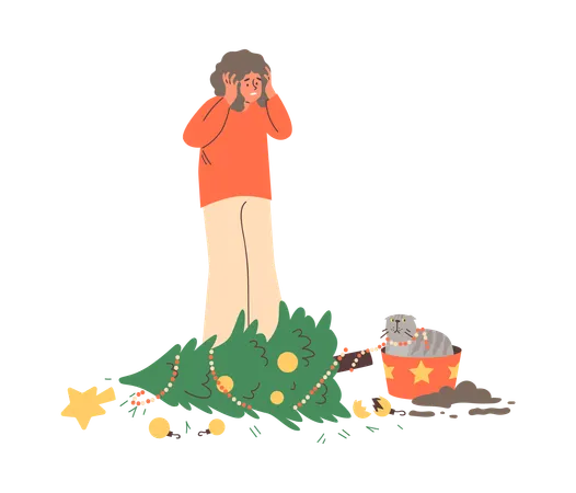Woman frustrated from pet mess and knocked over Christmas tree  Illustration