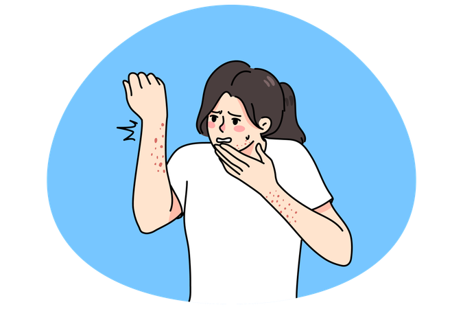 体の発疹と皮膚炎に悩む女性  イラスト