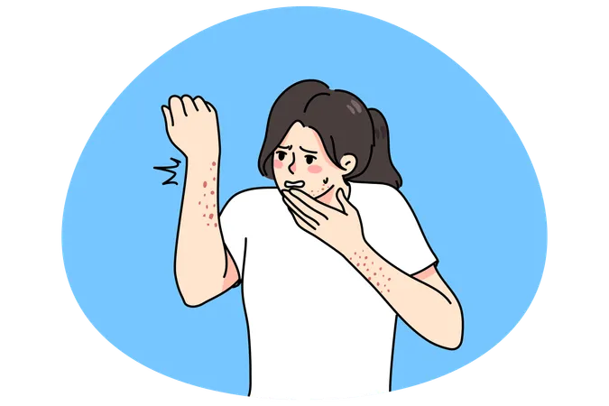 体の発疹と皮膚炎に悩む女性  イラスト