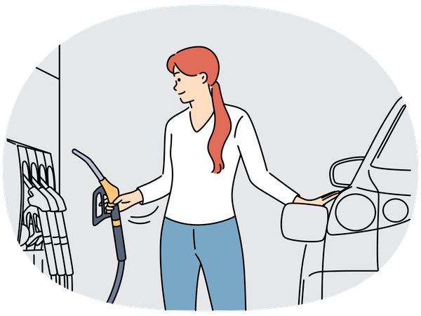 Woman fuel car at gas station  Illustration
