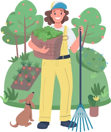 Woman Gardener Flat Color Vector Detailed Character Agricultural Worker Farmworker Cheerful Female Farmer With Harvest Isolated Cartoon Illustration For Web Graphic Design And Animation Illustration