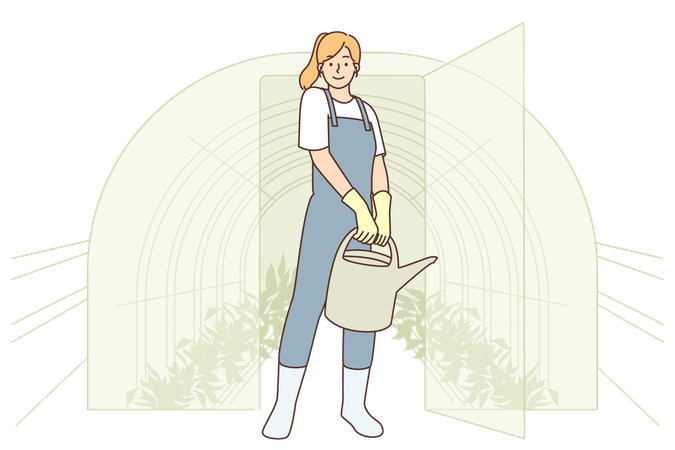 Woman gardener holds watering can  Illustration