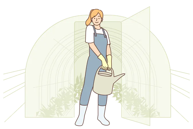 Woman Gardener Comes Out Of Greenhouse Made Of Glass And Holds Watering Can Filled With Water And Fertilizer Gardener Girl Grows Organic Vegetables And Herbs For Sale At Farmers Fair Illustration