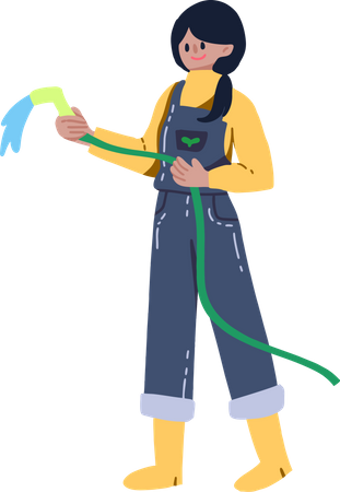 Woman gardener Watering hose Illustration