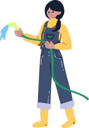 Woman gardener Watering hose  Illustration