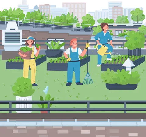 Woman Gardeners Flat Color Vector Illustration Cheerful Ladies Working At Rooftop Garden In Big City Female Workers In Uniform 2 D Cartoon Characters With Building Site On Background Illustration
