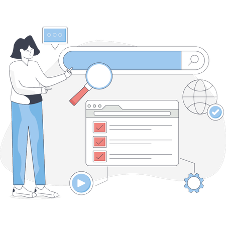 Woman gazes at a search bar filled with various icons contemplating her next online query  Illustration