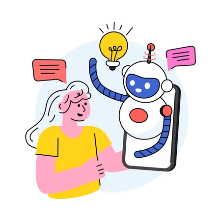 Woman generating ideas with the help of ai bot  Illustration
