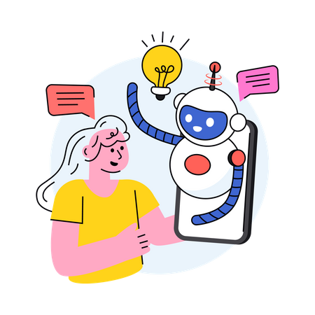 Woman generating ideas with the help of ai bot  Illustration