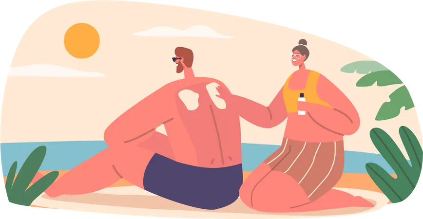Woman Gently Massages Spf Cream Onto Mans Back Enjoying A Serene Moment By The Beach Young Couple Characters Providing Relaxation And Nourishment For The Skin Cartoon People Vector Illustration Illustration