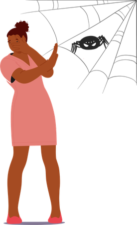 Woman  Gesturing In Sheer Fear Of  Spider Spinning Its Web  Illustration