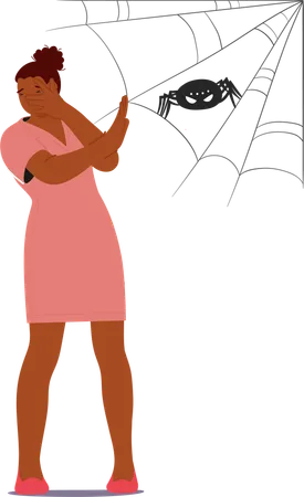 Woman  Gesturing In Sheer Fear Of  Spider Spinning Its Web  Illustration