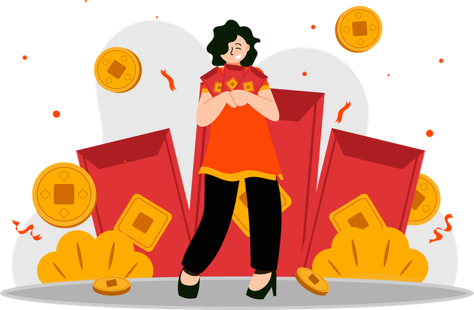 Woman get angpao money  Illustration