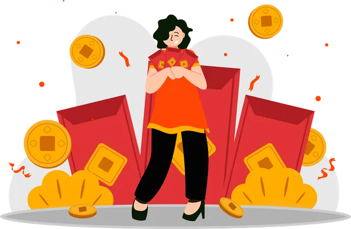 Woman get angpao money  Illustration