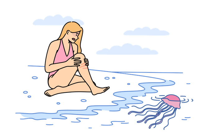 Woman get burnt by jellyfish  Illustration