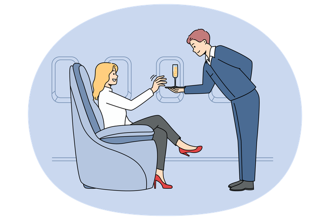 Woman get exceptional service in business class in plane  Illustration