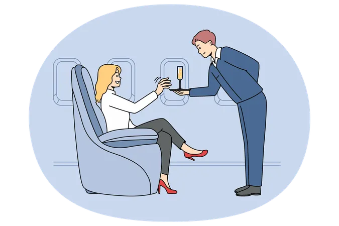Woman get exceptional service in business class in plane  Illustration