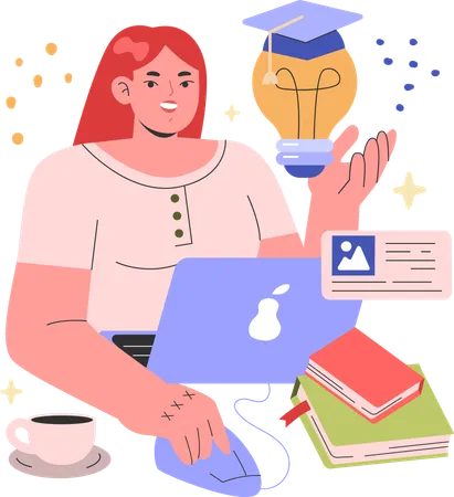 Woman Get Online Graduation  Illustration