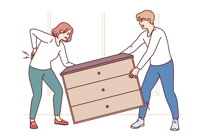 Woman Injured Back While Rearranging Furniture In House With Husband Or Moving To New Apartment Girl Got Spinal Injury Trying To Lift Heavy Wardrobe And Save On Movers During Moving Illustration