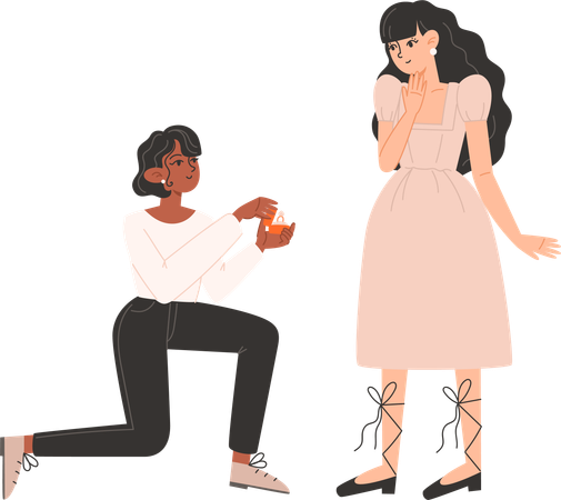 Woman gets down on one knee and proposes to a woman  Illustration