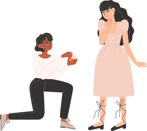 Woman gets down on one knee and proposes to a woman  Illustration