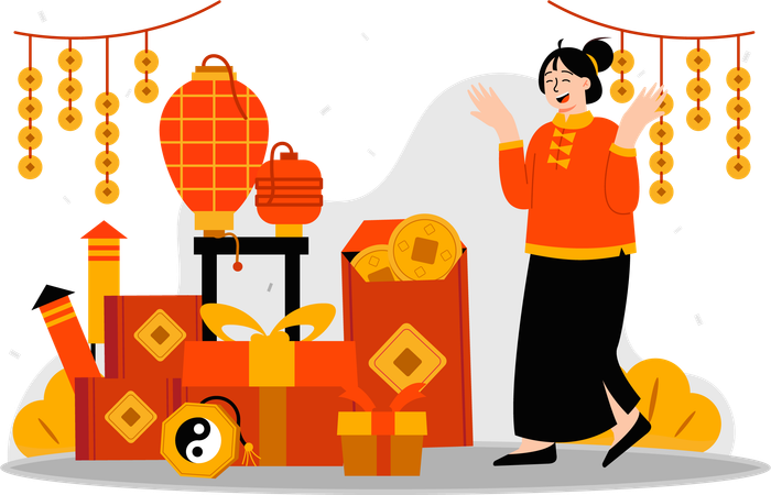 Woman gets gift on lunar new year  Illustration