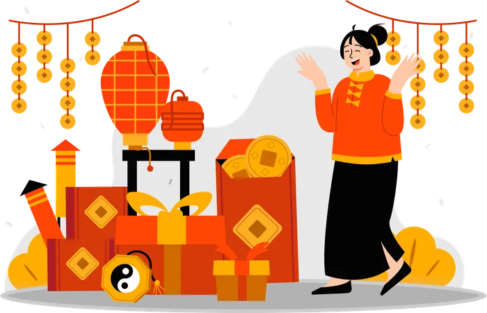 Woman gets gift on lunar new year  Illustration