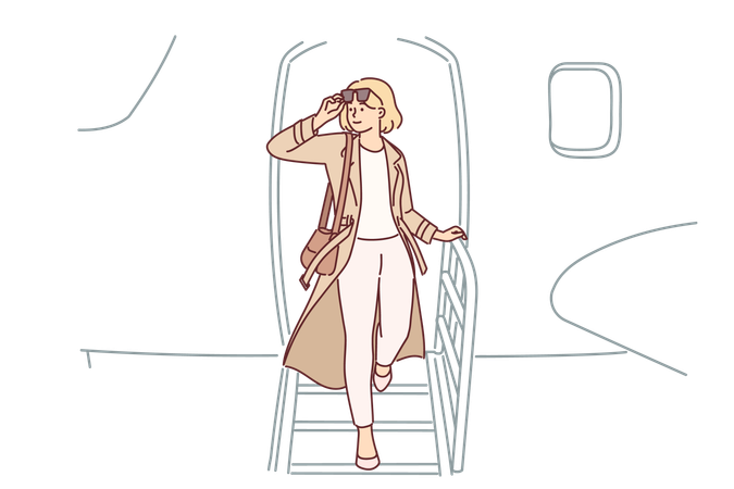 Woman gets off airplane  Illustration
