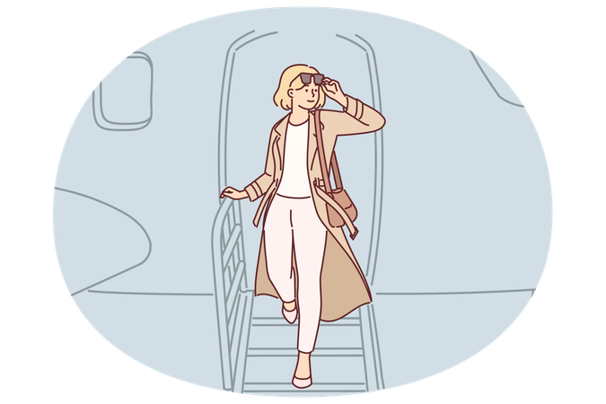 Woman gets off airplane, having arrived on business trip on private flight to conclude contract  Illustration
