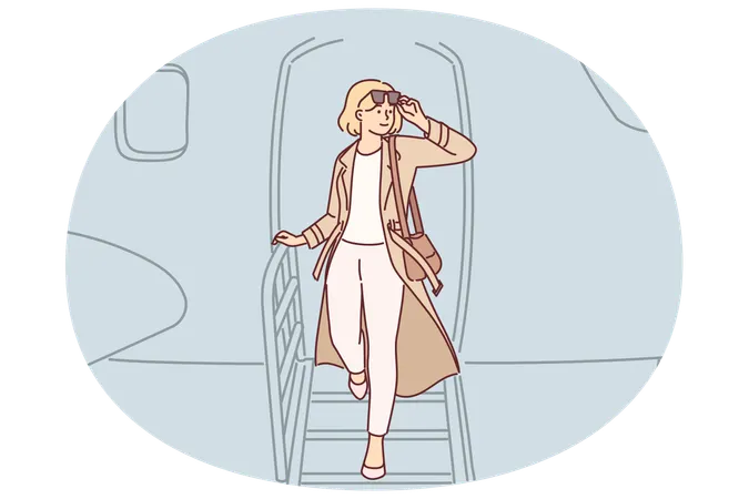 Woman gets off airplane, having arrived on business trip on private flight to conclude contract  Illustration