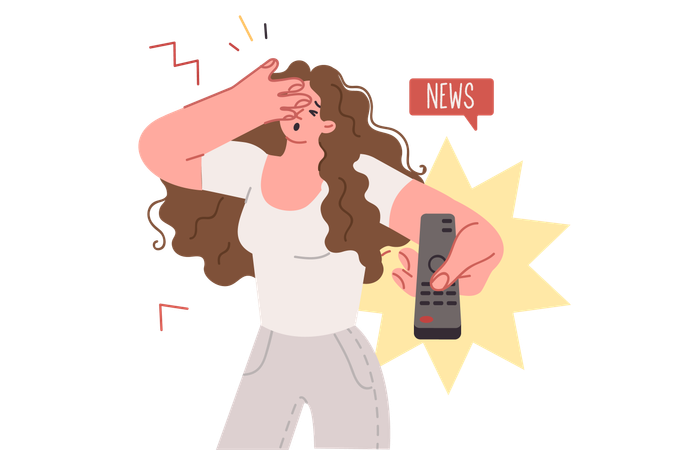 Woman gets scared by TV news and closes eyes  Illustration