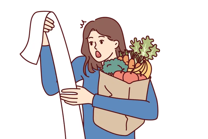 Woman gets shocked while watching grocery bill  イラスト