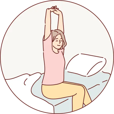 Woman gets up from her bed in morning  일러스트레이션