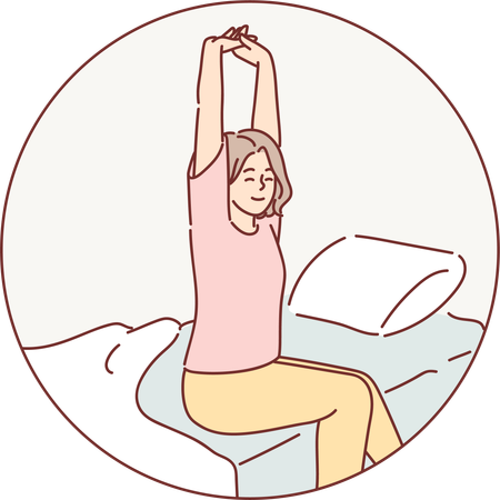 Woman gets up from her bed in morning  Illustration